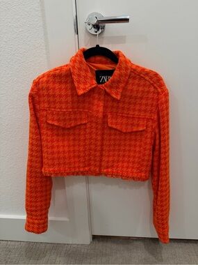 Zara Cropped Orange Houndstooth Blazer Jacket